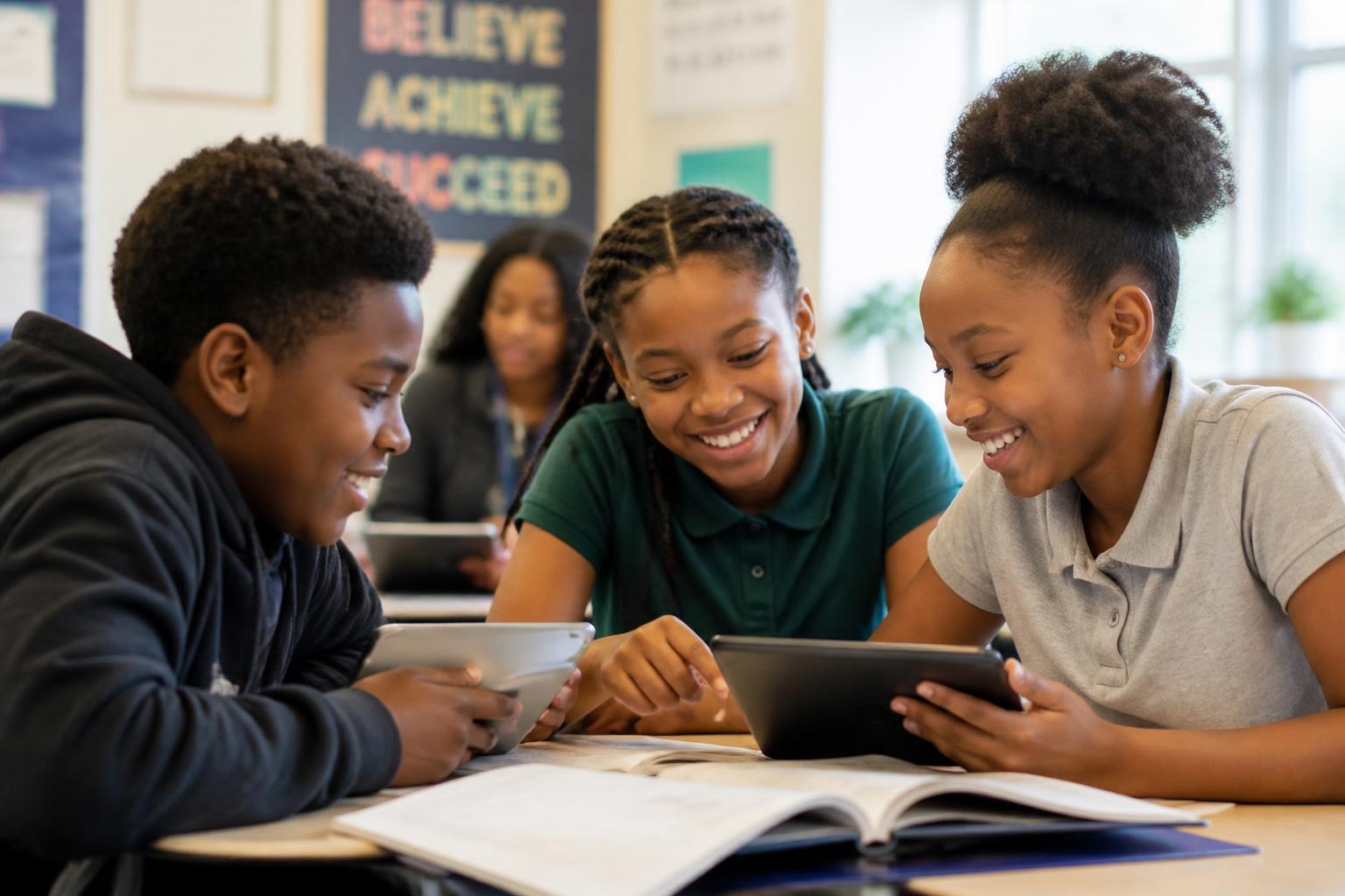 Diverse K-12 students learning collaboratively